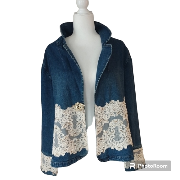 berek Jackets & Blazers - Berek Embellished Lace Pearls & Sequins Denim Jacket plus size 1XL